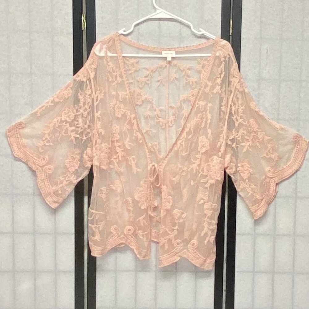 Dizzy Gal Peach Sheer Lace Embroidered V Neck Kimono Ruana Coverup Bell Sleeve S
